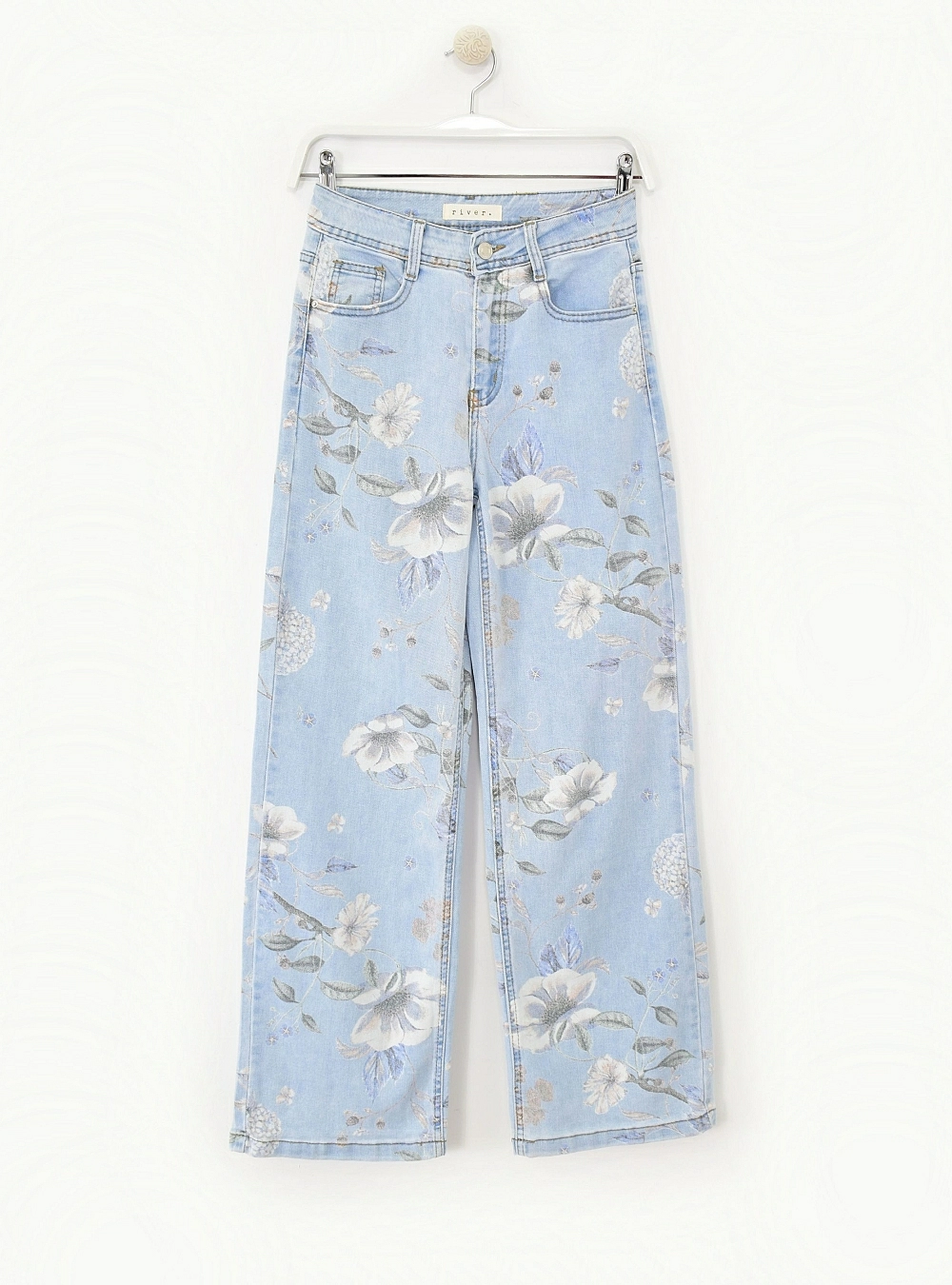 Jeans wide leg flores estampadas